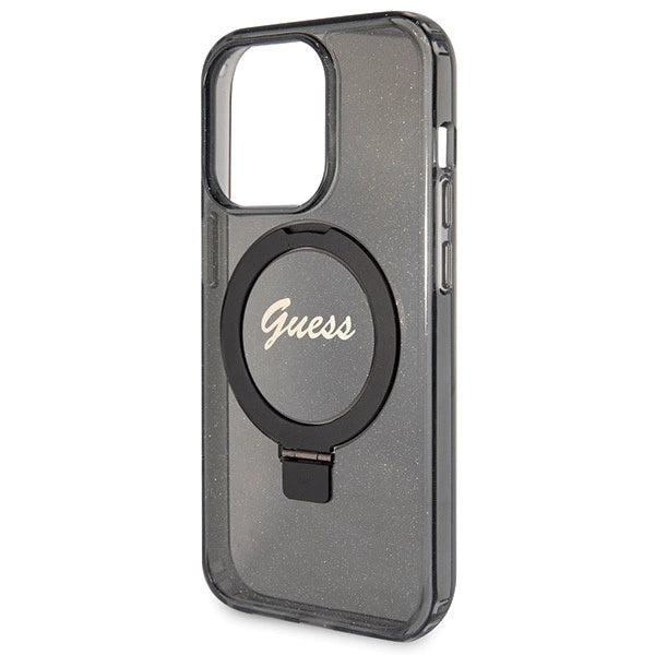 Guess Ring Stand Script Glitter MagSafe-hylster til iPhone 14 Pro - sort