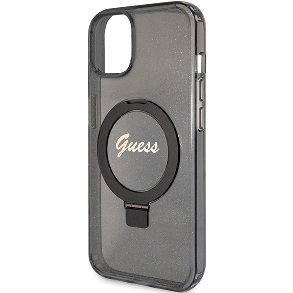 Guess Ring Stand Script Glitter MagSafe-kasse til iPhone 14 / 15 / 13 - sort