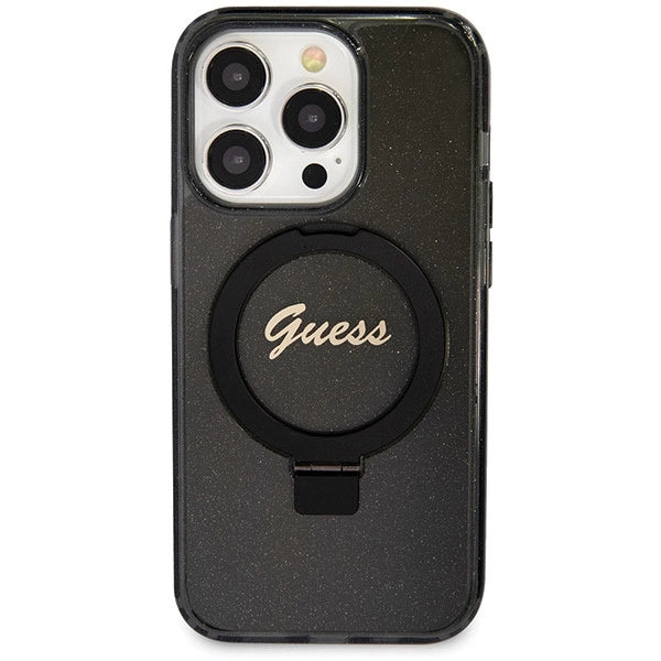 Guess Ring Stand Script Glitter MagSafe-hylster til iPhone 14 Pro Max - sort