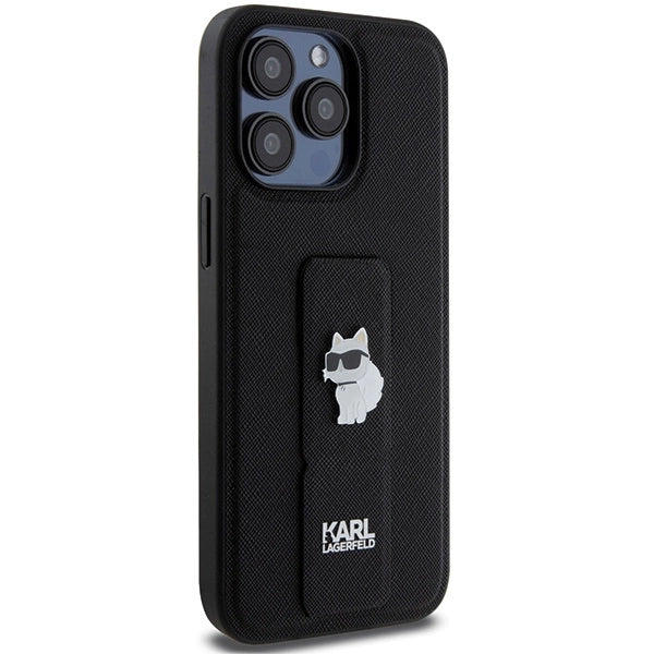 Karl Lagerfeld Gripstand Saffiano Choupette Pins case for iPhone 13 Pro Max - black