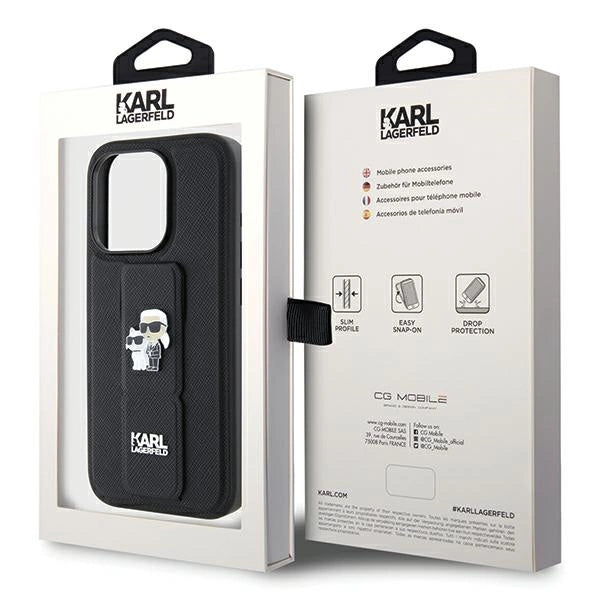 Karl Lagerfeld Gripstand Saffiano Karl&Choupette Pins case for iPhone 14 Pro - black