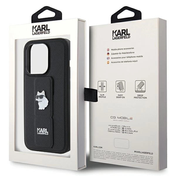 Karl Lagerfeld Gripstand Saffiano Choupette Pins case for iPhone 14 Pro Max - black