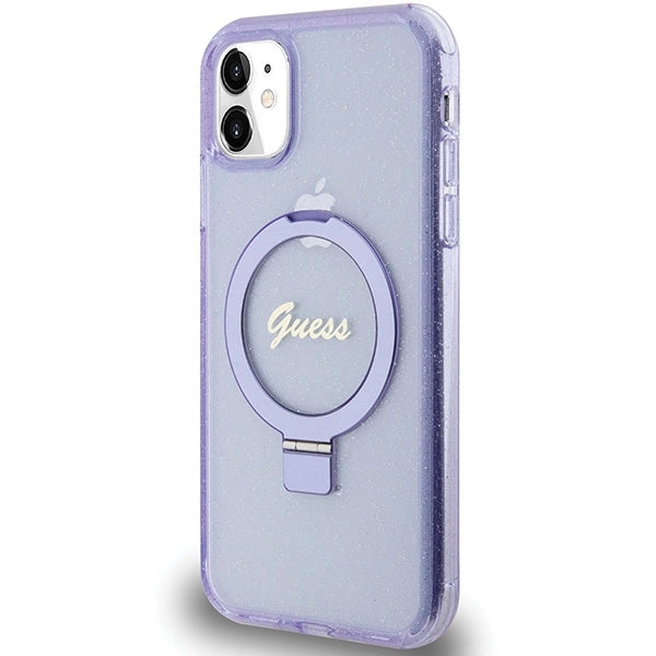 Guess Ring Stand Script Glitter MagSafe-hylster til iPhone 11 / Xr - lilla