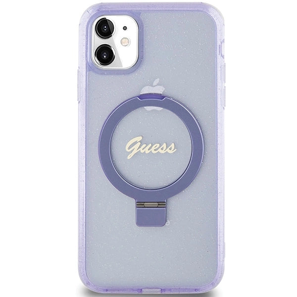 Guess Ring Stand Script Glitter MagSafe-hylster til iPhone 11 / Xr - lilla