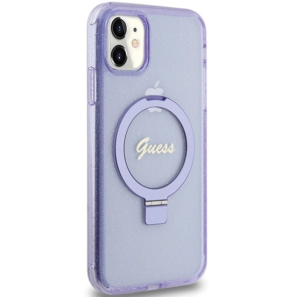 Guess Ring Stand Script Glitter MagSafe-hylster til iPhone 11 / Xr - lilla