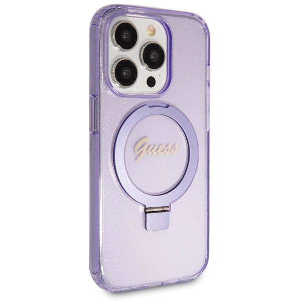 Guess Ring Stand Script Glitter MagSafe-hylster til iPhone 13 Pro / 13 - lilla