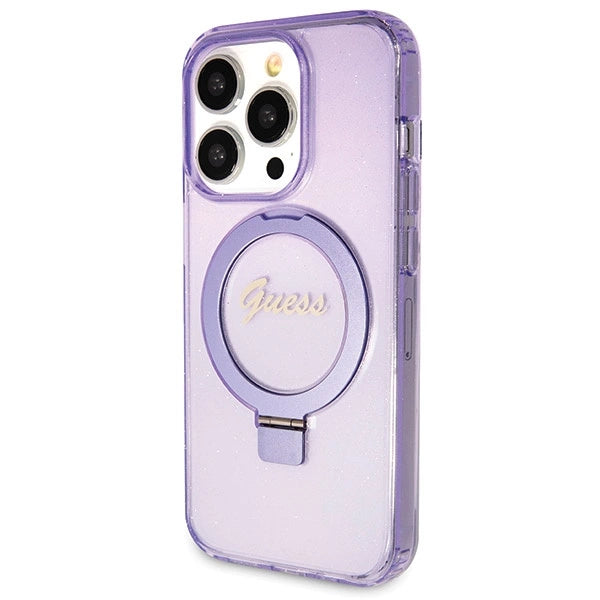 Guess Ring Stand Script Glitter MagSafe-hylster til iPhone 13 Pro Max - lilla