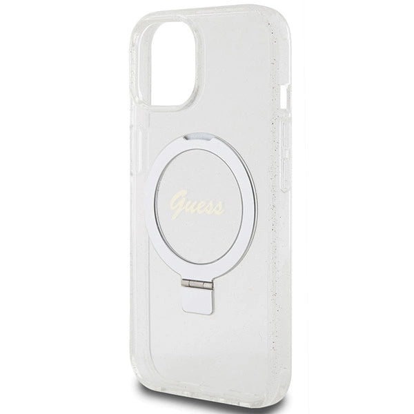 Guess Ring Stand Script Glitter MagSafe-hylster til iPhone 15 / 14 / 13 - gennemsigtigt