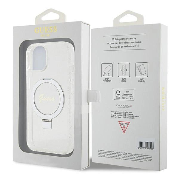 Guess Ring Stand Script Glitter MagSafe-hylster til iPhone 15 / 14 / 13 - gennemsigtigt