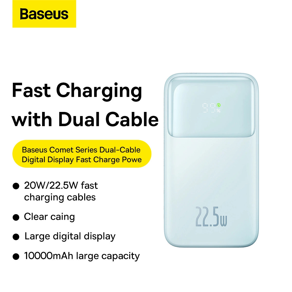 Baseus Comet Series powerbank med display 10000mAh 22.5W - blå + USB-A - USB-C kabel 0.3m - hvid