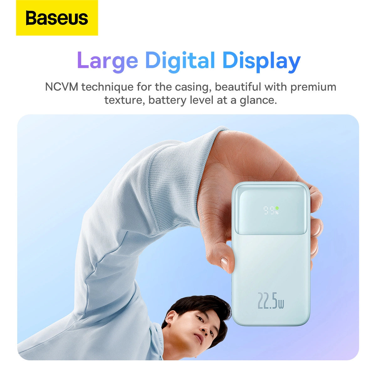 Baseus Comet Series powerbank med display 10000mAh 22.5W - blå + USB-A - USB-C kabel 0.3m - hvid