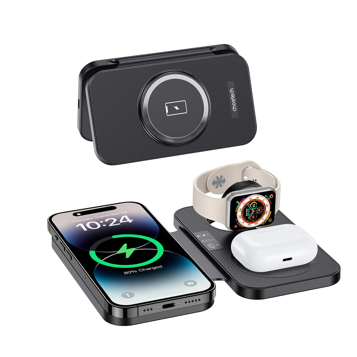 Choetech T616-F 3in1 induktiv oplader kompatibel med Apple og Samsung enheder - sort