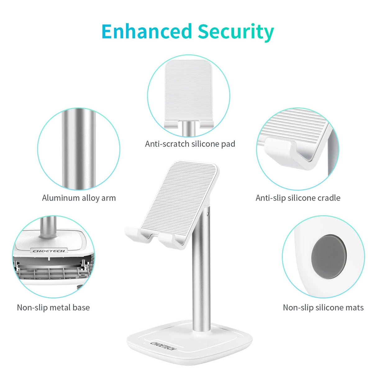 Choetech H035 aluminium stand til en telefon eller tablet med justering - hvid og sølv