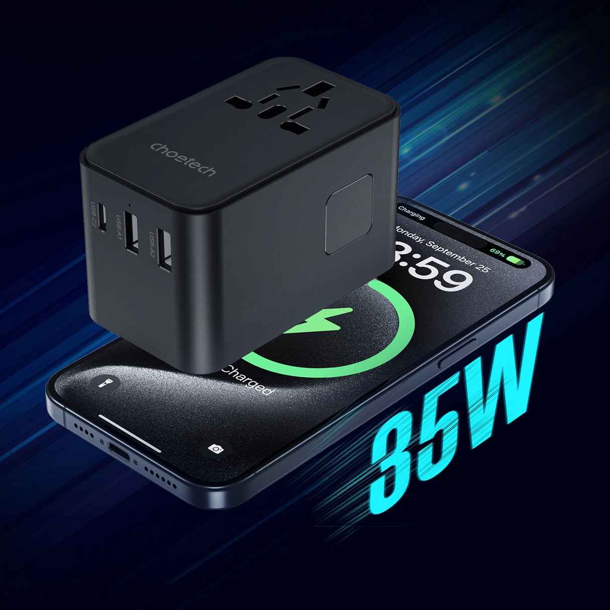 Choetech PD5020 35W EU/US/AUS/UK Travel Adapter med indbygget USB-C-kabel - sort