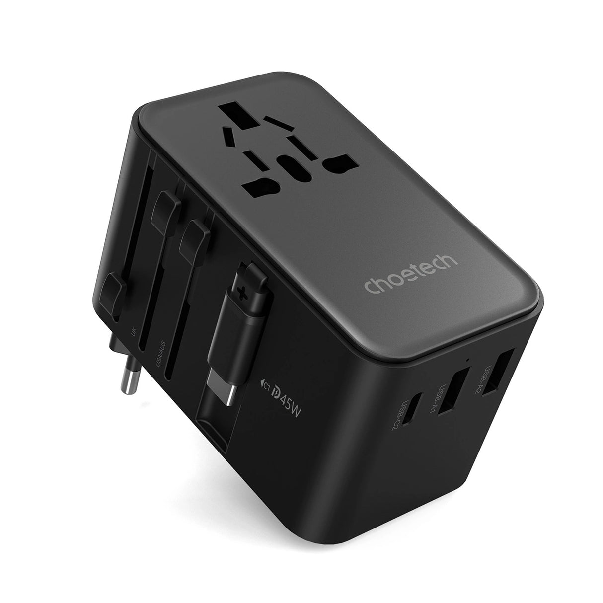 Choetech PD5021 45W EU/US/AUS/UK Travel Adapter med indbygget USB-C-kabel - sort