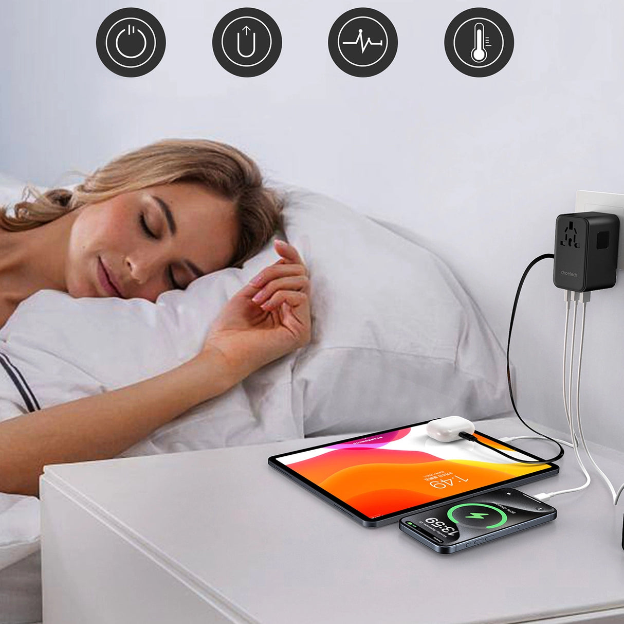 Choetech PD5021 45W EU/US/AUS/UK Travel Adapter med indbygget USB-C-kabel - sort