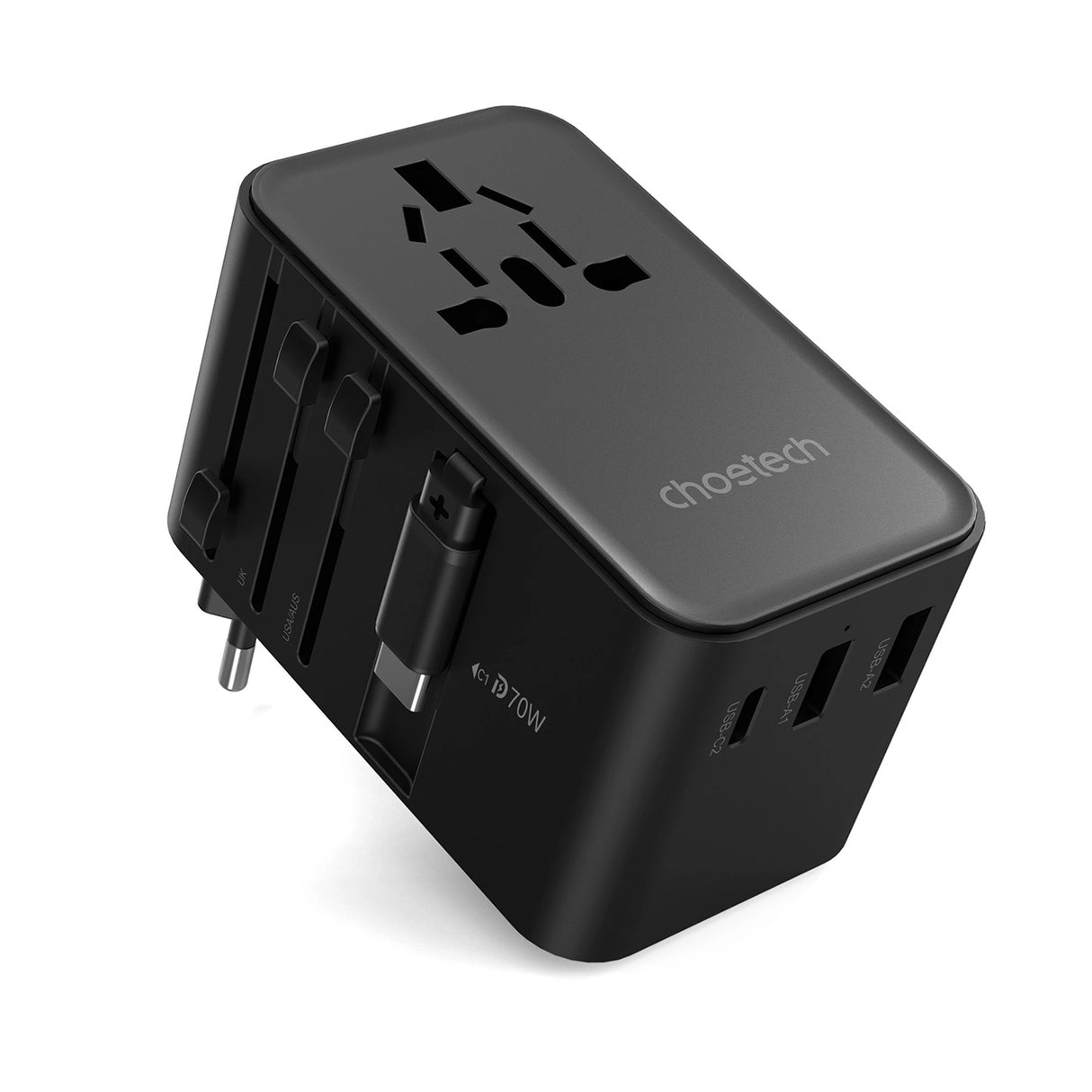 Choetech PD5022 70W EU/US/AUS/UK Travel Adapter med indbygget USB-C-kabel - sort