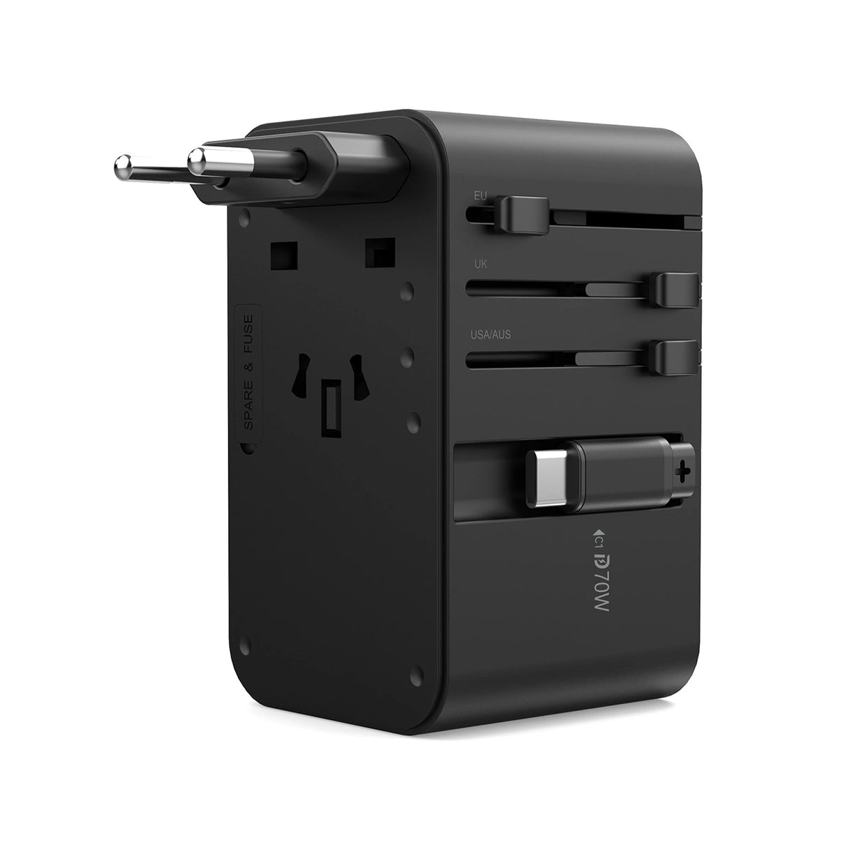 Choetech PD5022 70W EU/US/AUS/UK Travel Adapter med indbygget USB-C-kabel - sort