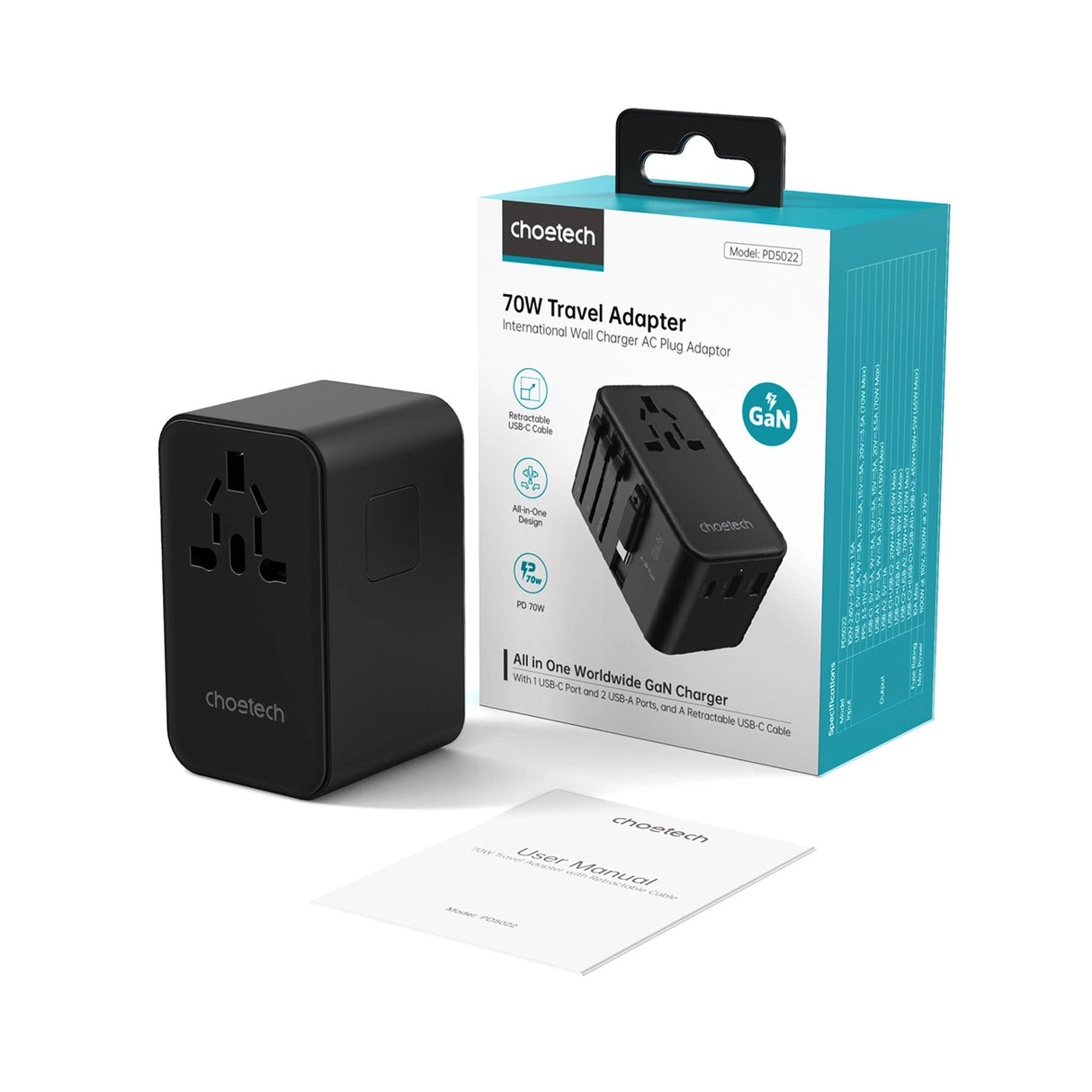 Choetech PD5022 70W EU/US/AUS/UK Travel Adapter med indbygget USB-C-kabel - sort