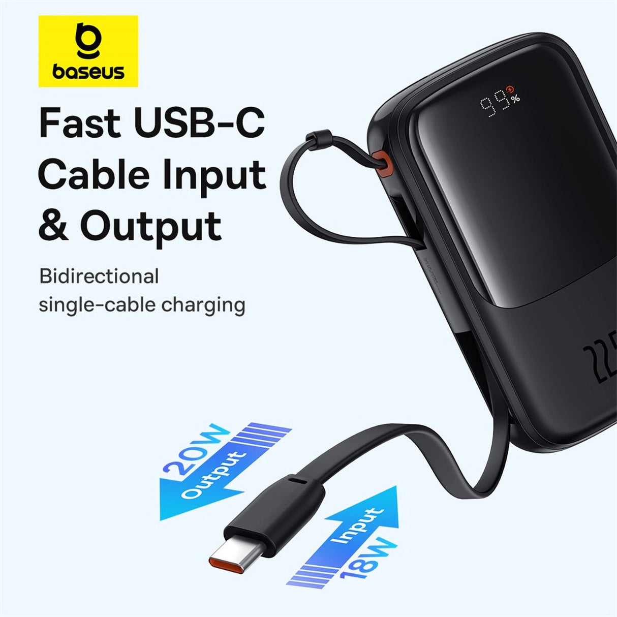 Baseus Qpow Pro+ 10000mAh 22.5W powerbank med indbygget USB-C kabel og display - sort