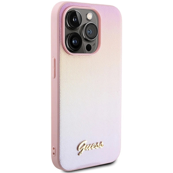 Guess Saffiano Iridescent Script-hylster til iPhone 14 Pro - pink