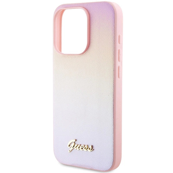 Guess Saffiano Iridescent Script-hylster til iPhone 14 Pro - pink