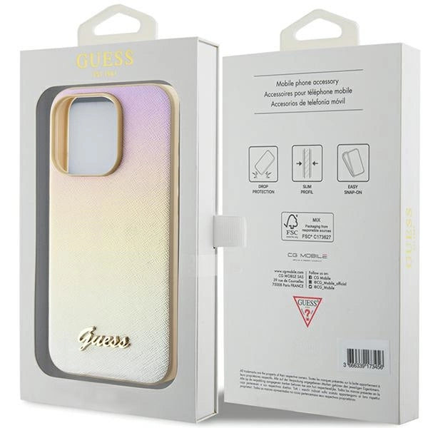 Guess Saffiano Iridescent Script-hylster til iPhone 14 Pro Max - guld