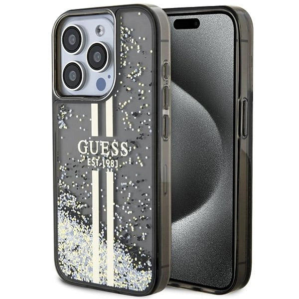 Guess Liquid Glitter Gold Stripes case til iPhone 15 Pro - sort