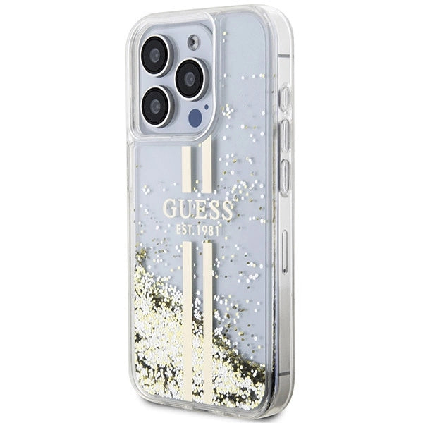 Guess Liquid Glitter Gold Stripes case til iPhone 15 Pro - gennemsigtig