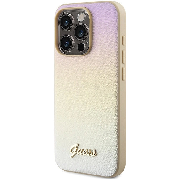 Guess Saffiano Iridescent Script-hylster til iPhone 15 Pro - guld