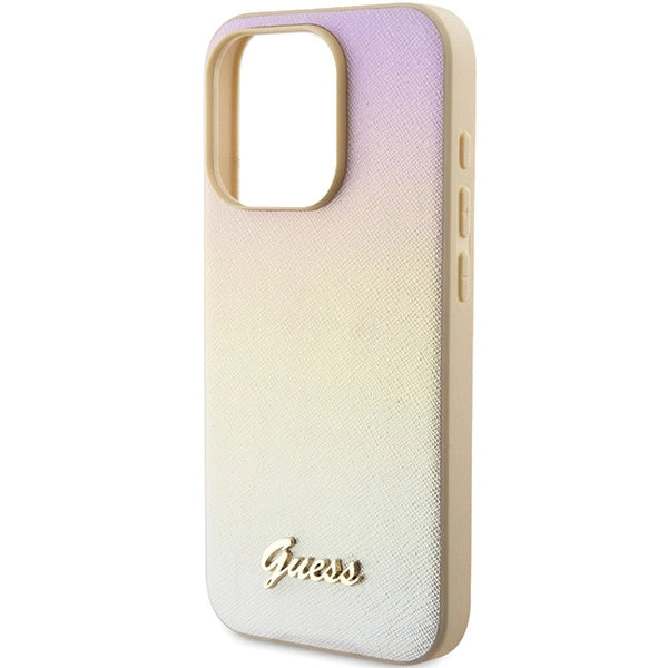 Guess Saffiano Iridescent Script-hylster til iPhone 15 Pro - guld