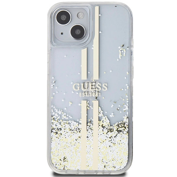 Guess Liquid Glitter Gold Stripes case til iPhone 15 Plus / 14 Plus - gennemsigtig