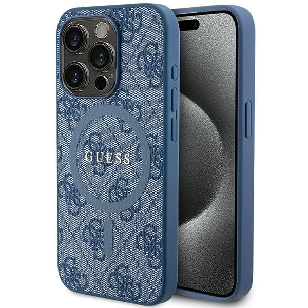 Guess 4G Collection lædermetall Logo MagSafe Case til iPhone 14 Pro - Blå