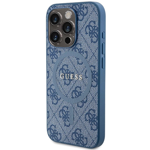 Guess 4G Collection lædermetall Logo MagSafe Case til iPhone 14 Pro - Blå
