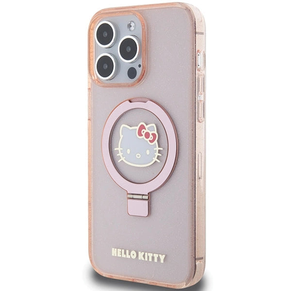 Hello Kitty Ring Stand Glitter Electrop Logo MagSafe Case for iPhone 15 Pro Max - Pink