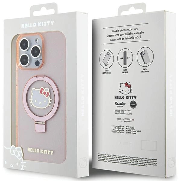 Hello Kitty Ring Stand Glitter Electrop Logo MagSafe Case for iPhone 15 Pro Max - Pink