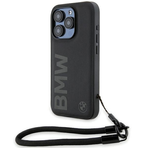 BMW Signature læder Wordmark Cord Case til iPhone 15 Pro - sort