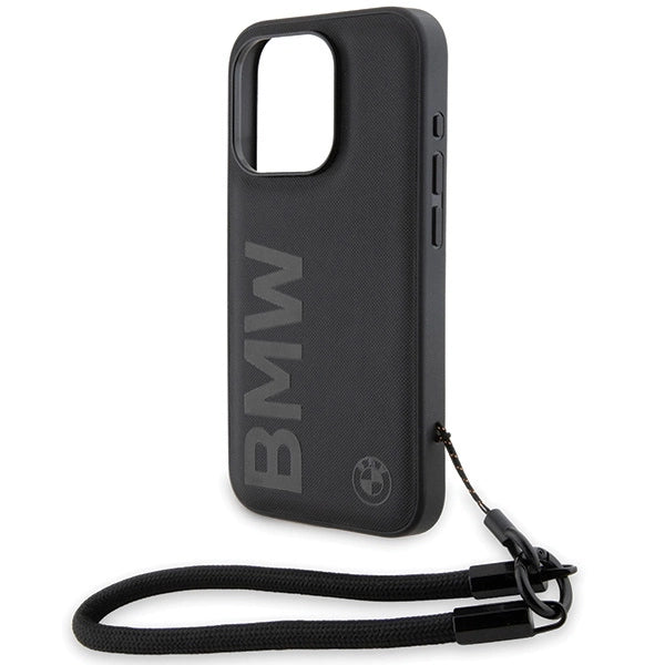 BMW Signature læder Wordmark Cord Case til iPhone 15 Pro - sort