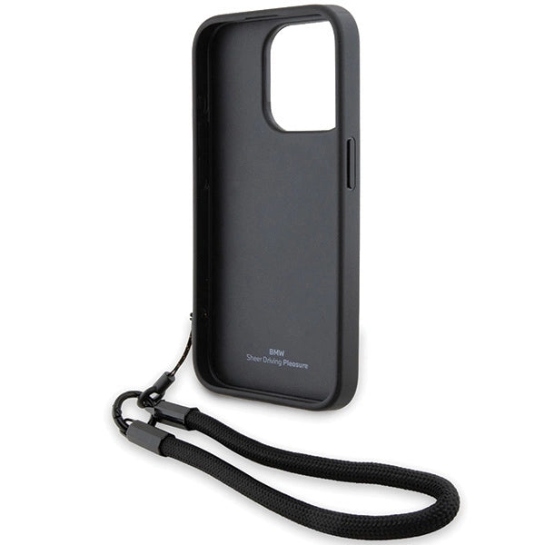 BMW Signature læder Wordmark Cord Case til iPhone 15 Pro - sort