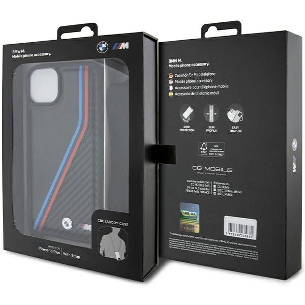BMW M Edition Carbon Tricolor Lines & Strap case til iPhone 15 Plus / 14 Plus - sort