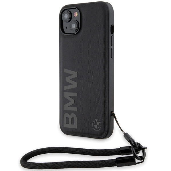 BMW Signature læder Wordmark Cord Case til iPhone 15 Plus / 14 Plus - sort