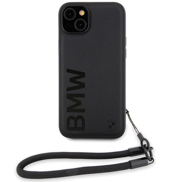 BMW Signature læder Wordmark Cord Case til iPhone 15 Plus / 14 Plus - sort