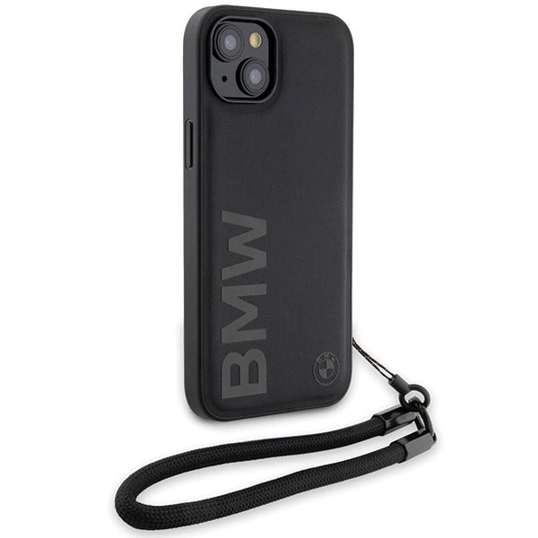 BMW Signature læder Wordmark Cord Case til iPhone 15 Plus / 14 Plus - sort