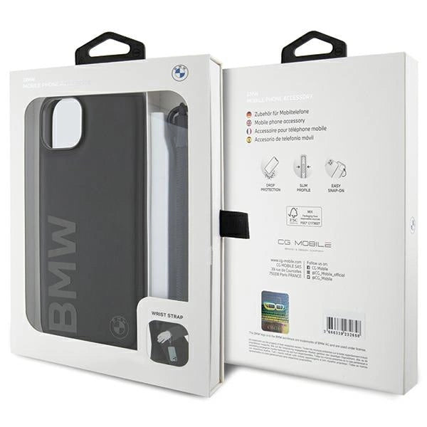 BMW Signature læder Wordmark Cord Case til iPhone 15 Plus / 14 Plus - sort