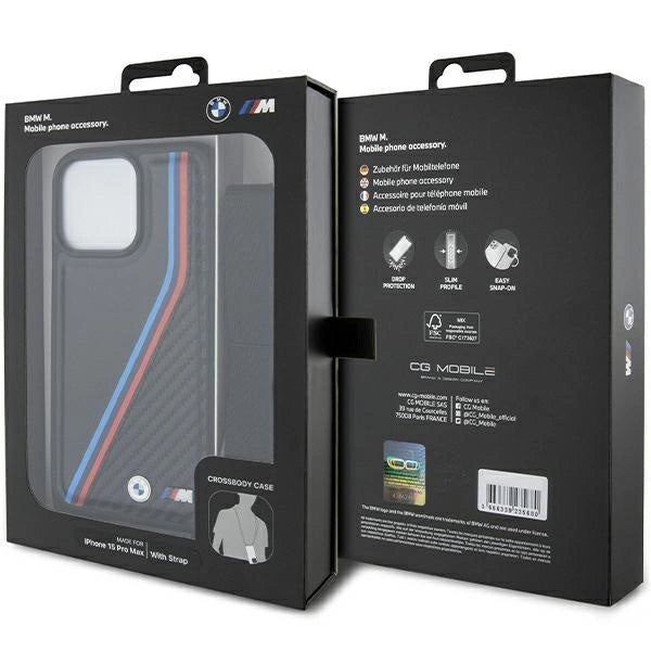 BMW M Edition Carbon Tricolor Lines & Strap case til iPhone 15 Pro Max - sort