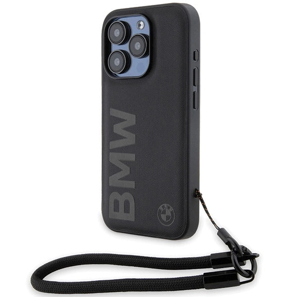 BMW Signature læder Wordmark Cord Case til iPhone 15 Pro Max - sort
