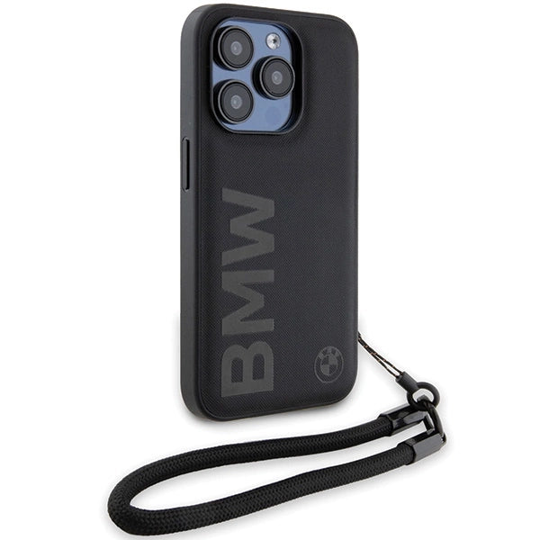 BMW Signature læder Wordmark Cord Case til iPhone 15 Pro Max - sort
