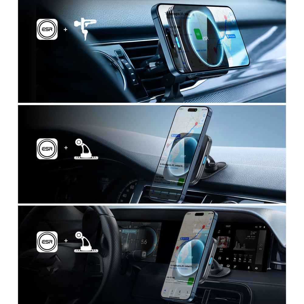 ESR Halolock Magnetisk QI2-bilholder med MagSafe 15W induktiv oplader til luftventilation - sort