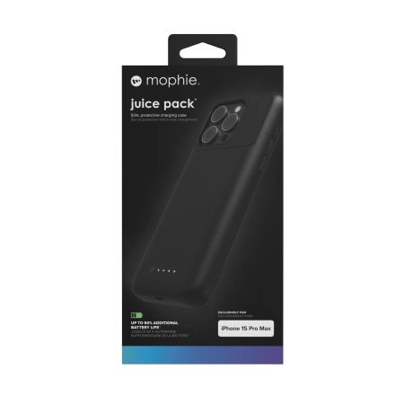 Mophie Juice Pack-kasse til iPhone 15 Pro Max med indbygget 3000 mAh powerbank - sort