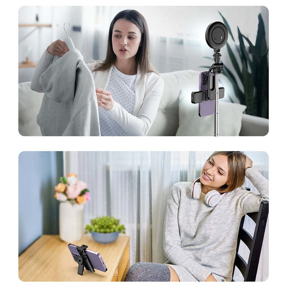 Selfie stick WC13YDS telescopic tripod 1.3m with double lamp and phone holder - black